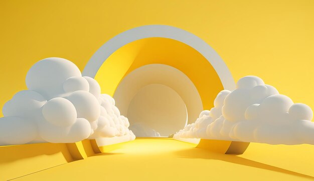 3d render abstracto mínimo fondo amarillo con nubes blancas volando fuera del túnel