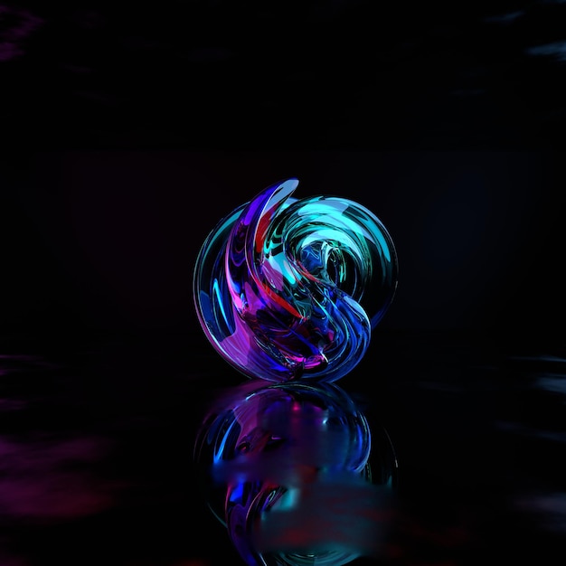 3d render abstracto rosa azul cinta de vidrio con curvas y reflejo en el suelo.