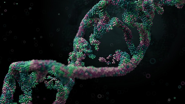 3D-Render abstrakten Hintergrund mit DNA-Form aus vielen kleinen Partikeln. DNA-Zerstörung durch Infektion oder Schaden. Mit Tiefenschärfe rendern.