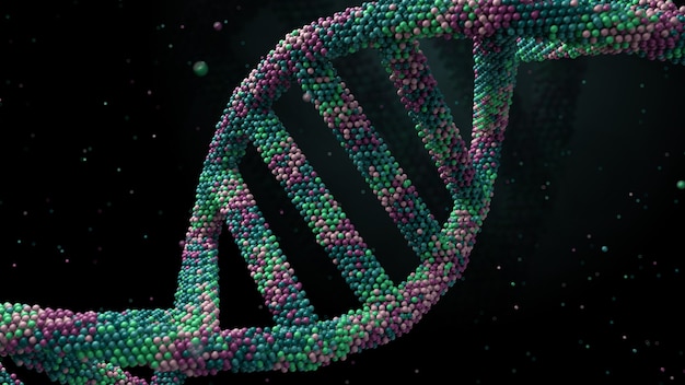 Foto 3d-render abstrakten hintergrund mit dna-form aus vielen kleinen partikeln. mit tiefenschärfe rendern.