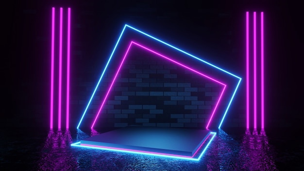 3D-Render abstrakter dunkler Hintergrund mit blauem und rosa Neonlichtquadrat