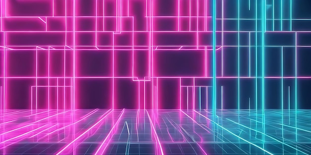 3D-Render abstrakter minimaler Neonhintergrund rosa blaue Neonlinien, die in den Cyberspace steigen