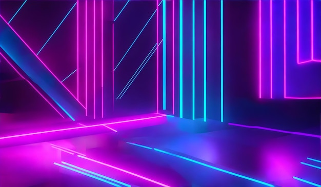 3D-Render abstrakter minimaler Neonhintergrund rosa blaue Neonlinien, die nach oben gehen, ai generativ