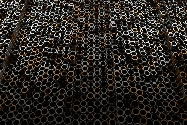 3D render abstrato base de metal com tubos verticais aleatórios. Tubos aleatórios empurram para cima e para baixo.