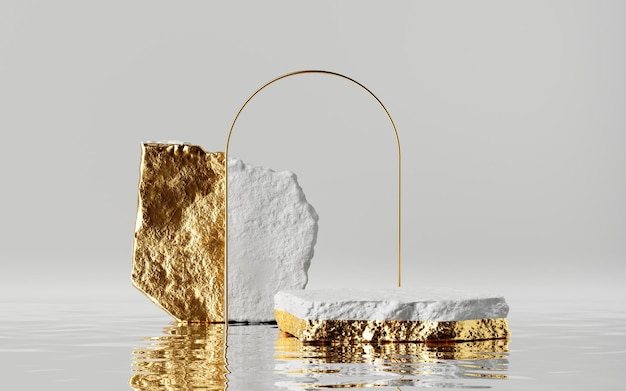 3d render abstrato com fundo de moda com paralelepípedos de arco dourado