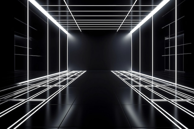 3d render abstrato preto branco neon fundo escuro quarto vazio com espaço de cópia AI gerado