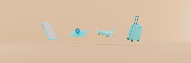 Foto 3d render accesorios de viaje de color azul claro sobre fondo beige