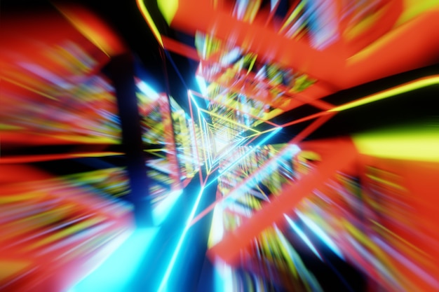 Foto 3d render aceleração abstrata velocidade movimento através do túnel de luz colorida