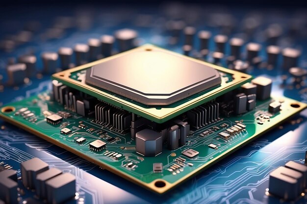 3D render AI tecnologia de inteligência artificial CPU chipset de unidade de processador central na placa de circuito impresso para eletrônicos e tecnologia conceito selecionar foco profundidade de campo rasa