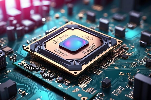 3D render AI tecnologia de inteligência artificial CPU chipset de unidade de processador central na placa de circuito impresso para eletrônicos e tecnologia conceito selecionar foco profundidade de campo rasa