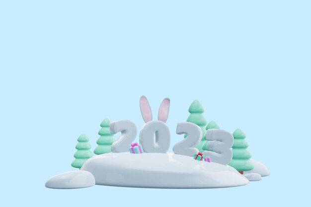 3d render año nuevo 2023 Orejas de conejo en una figura en el bosque