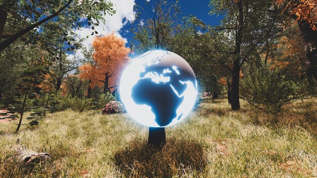 Foto 3d render antecedentes de la ecología y el concepto ambiental de desarrollo sostenible para salvaguardar la biodiversidad y la economía en crecimiento con el planeta tierra azul