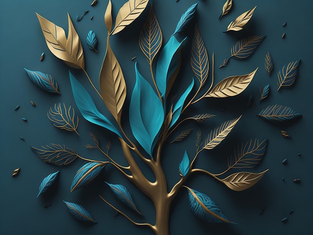 3d render árbol abstracto con hojas de oro sobre un fondo azul Arte digital para decoración de paredes