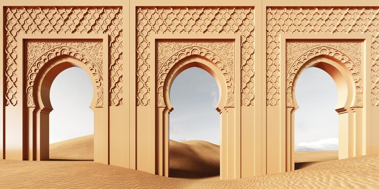 3d render arco árabe ornamentado de pie en el desierto ideal para el Ramadán