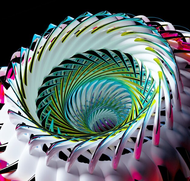 3d render de arte abstracto fondo 3d con turbina de flor alienígena 3d surrealista o rueda en forma retorcida espiral esférica