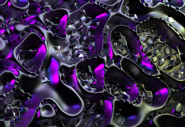 3d render de arte abstracto textura de fondo 3d en líneas curvas onduladas en metal líquido en neón violeta