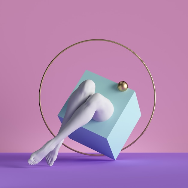 3D render, arte contemporânea surreal mínima abstrata. Conceito geométrico, caixa azul, bola dourada, pernas brancas sobre fundo rosa.