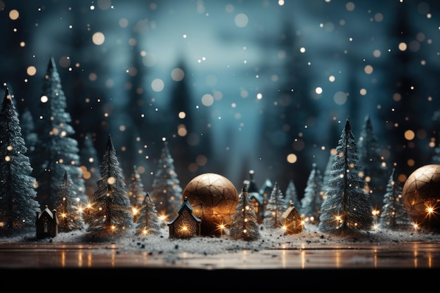 3D render árvore de Natal e presente e neve no fundo bokeh
