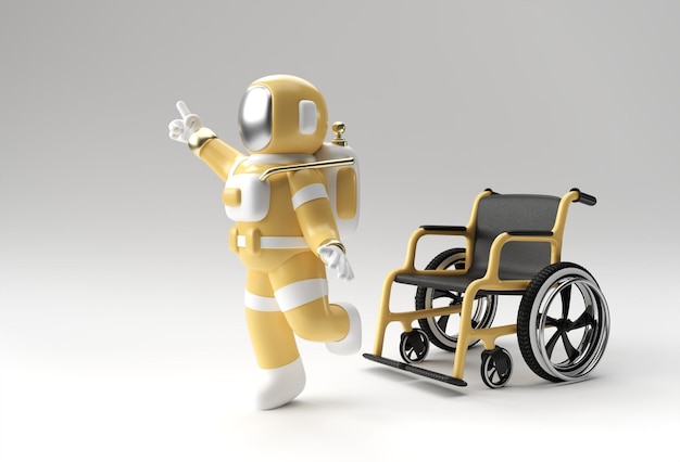 3D Render Astronaut Disabled usando muletas para caminar con Weelchair Diseño de ilustración 3D