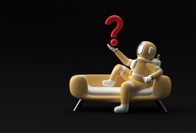 3D Render Astronaut Holding Fragezeichen sitzend auf Sofa Mockup 3D-Illustration Design.