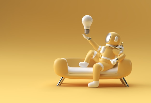 3D Render Astronaut Holding Glühbirne auf Sofa Mockup 3D-Darstellung Design sitzen.