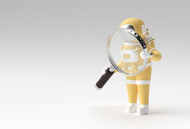 Foto 3d render astronaut holding magnify glass em um fundo branco.