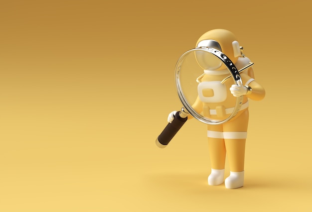 3D-Render-Astronaut mit Vergrößerungsglas auf gelbem Hintergrund.