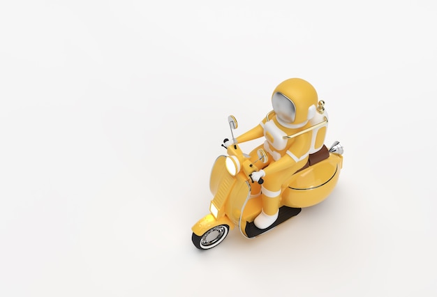 3D Render Astronaut Reiten Motorroller Seitenansicht auf weißem Hintergrund.