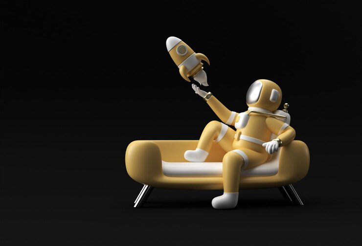 Foto 3d render astronauta astronauta sentado no sofá com design de ilustração 3d foguete voador
