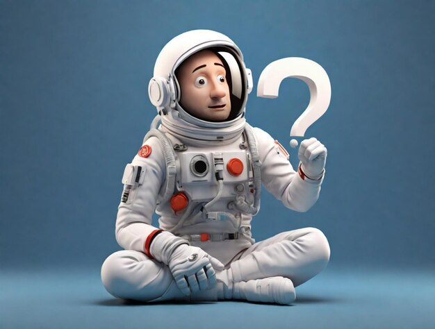 Foto 3d render astronauta com marco de pergunta pensa desapontamento cansado gestos caucasianos ilustração 3d