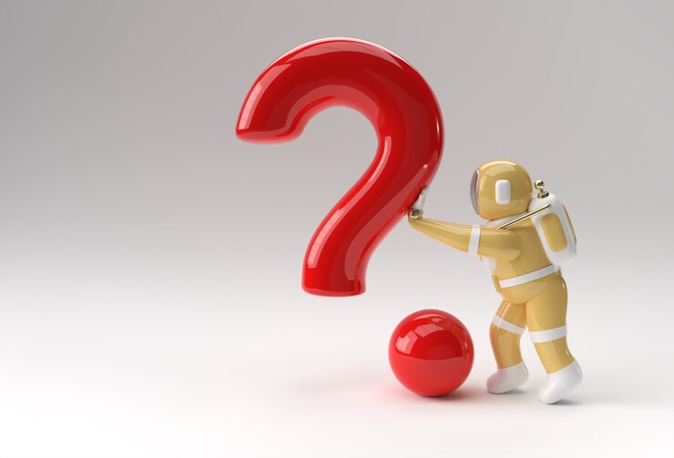 Foto 3d render astronauta empujando el signo de interrogación diseño de ilustración 3d.