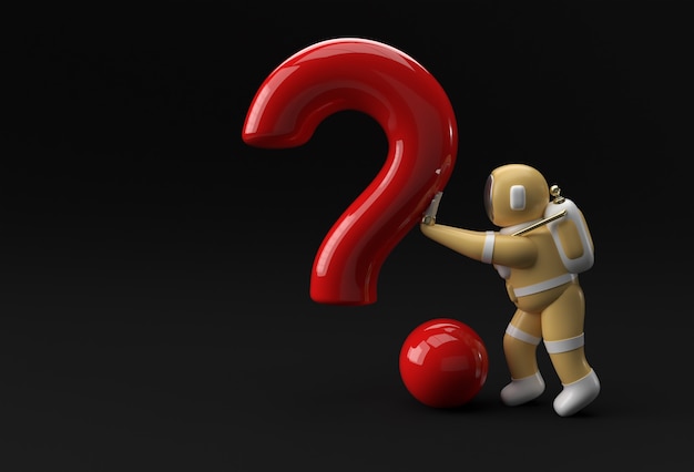 3d render astronauta empujando el signo de interrogación diseño de ilustración 3d.