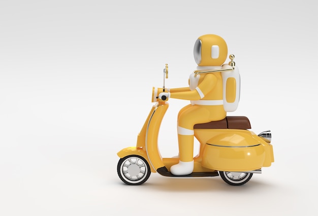 3D Render Astronauta Equitação Motor Scooter Vista Lateral em um Fundo Branco.