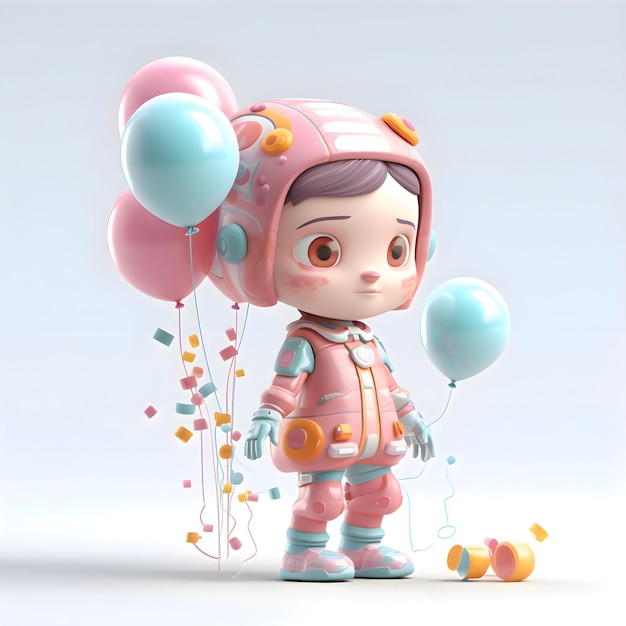 3D Render de un astronauta con globos y una niña