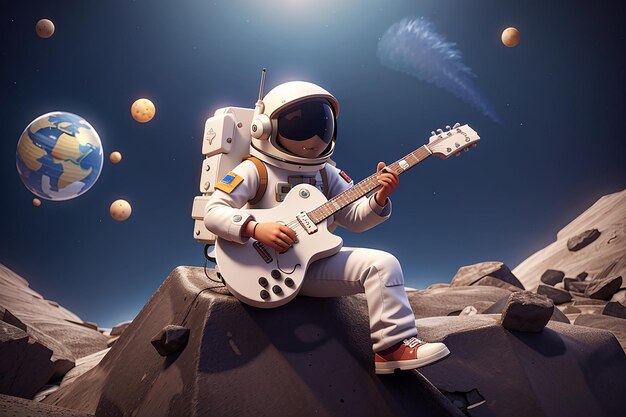 3D Render Astronauta en el juego de la guitarra