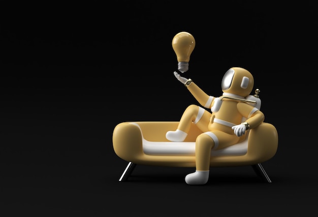 Foto 3d render astronauta segurando lâmpada sentado no sofá maquete 3d design de ilustração