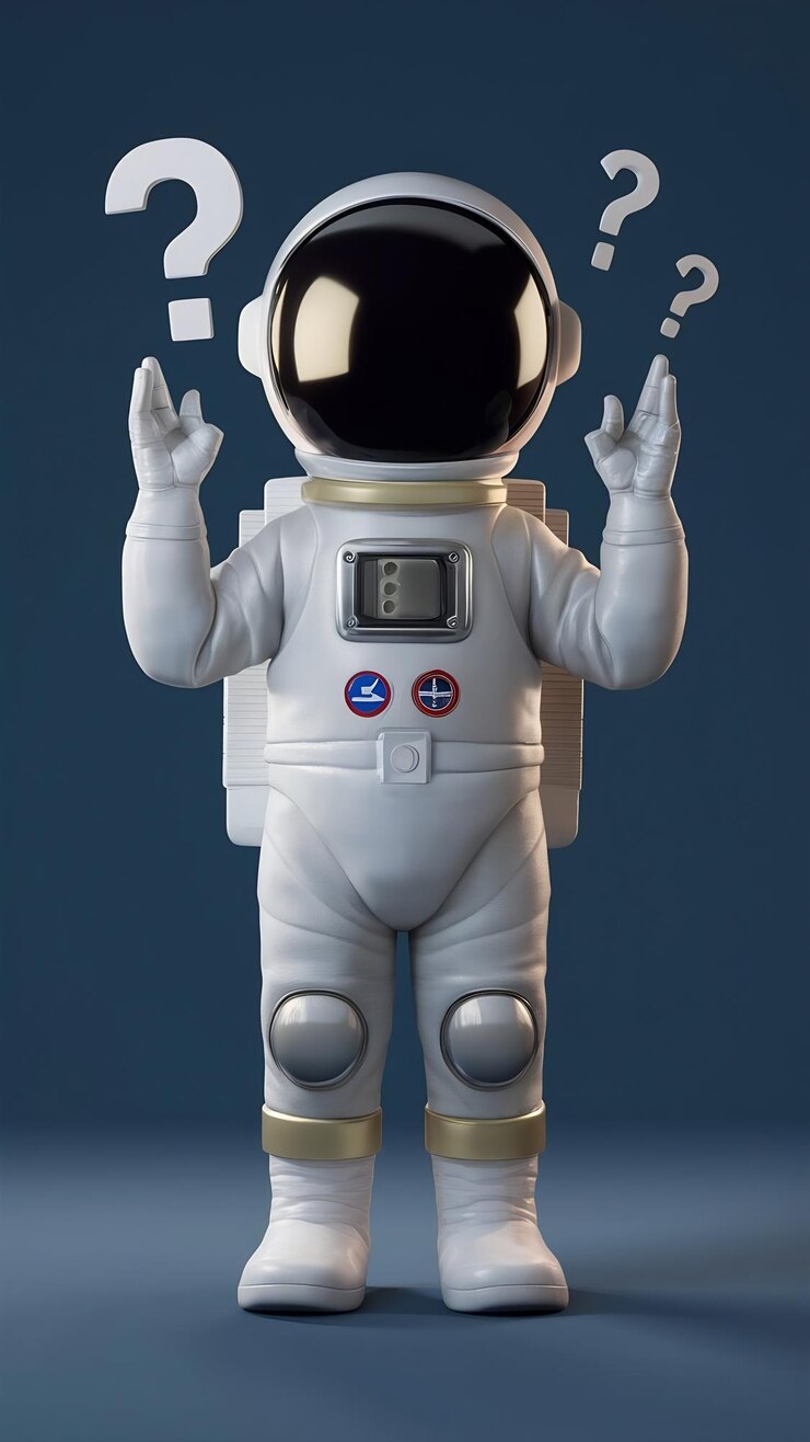 Foto 3d render astronauta con signo de interrogación piensa decepción cansado gestos caucásicos 3d ilustración