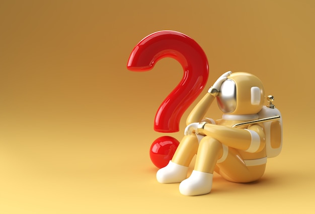 3d render astronauta con signo de interrogación piensa, decepción, diseño de ilustración 3d de gestos caucásicos cansados.