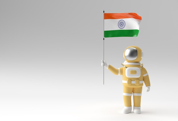 3D render astronauta sosteniendo la bandera de la India. Concepto de día de la independencia de la India.