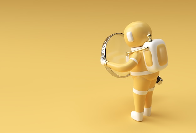 3D render astronauta sosteniendo lupa sobre un fondo amarillo.