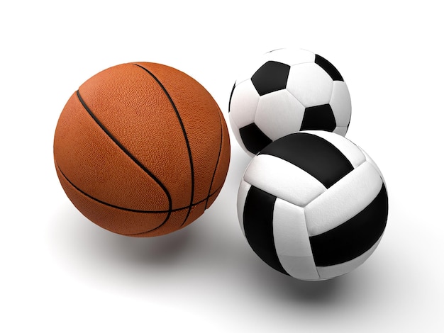 3D-Render auf weißem Hintergrund Sport Gesundheit Basketballkörbe Fußball Volleyballbälle