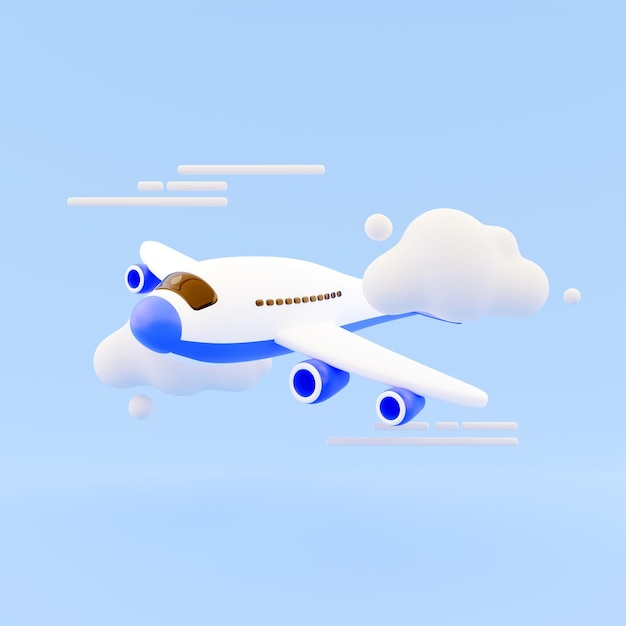 3d render avión con nube sobre fondo azul 3D render plano nube imagen aislada