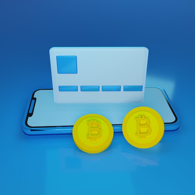 3d render azul smartphone con tarjeta de crédito flotante y dos bitcoins en fondo azul.