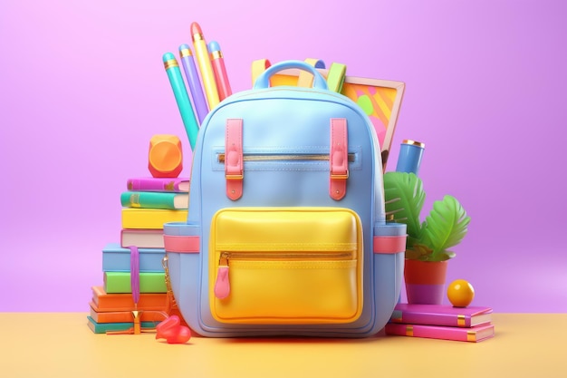 3D Render Backpack com Equipamento Escolar Conceito de Retorno à Escola Criado com Generative Ai