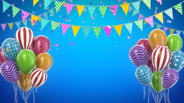 3D render balões coloridos e decoração de festa com fundo azul e espaço de cópia