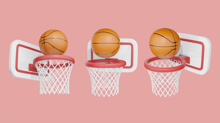 3D Render baloncesto y anillo deporte con fondo azul.