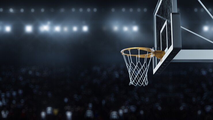 3D render Baloncesto golpeó la canasta