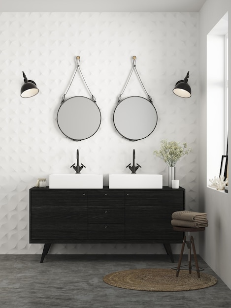 3d Render de baño moderno con pared blanca y grifo de lavabo doble y espejos