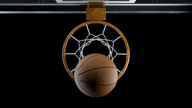 Foto 3d render basquete bateu a cesta em um fundo preto