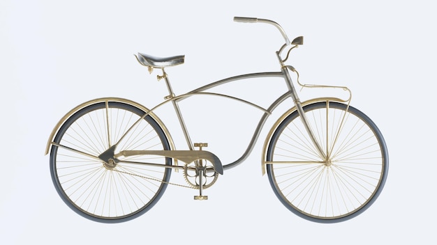 3D Render de bicicleta vieja dorada aislado sobre fondo blanco.